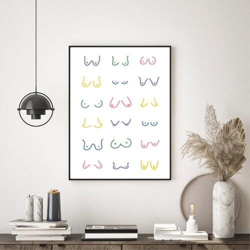 Minimalist Boobs Poster Line Drawing Art Print Nordic Rainbow Colours Canvas Painting Modern Wall Picture Bathroom Home Decor