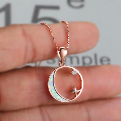 Charm Female Blue Opal Pendant Necklace Rose Gold Silver Color Chain Necklaces For Women Cute Crystal Star Moon Wedding Necklace