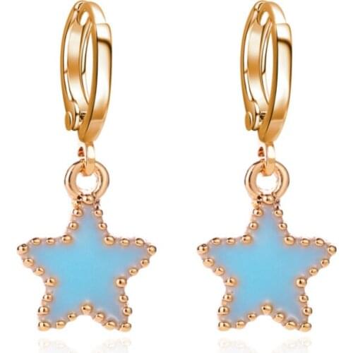 Simple Fashion Blue Star Golden Beads Sleeper Hollow Circle Alloy Drop Earrings Dangle Earrings For Women
