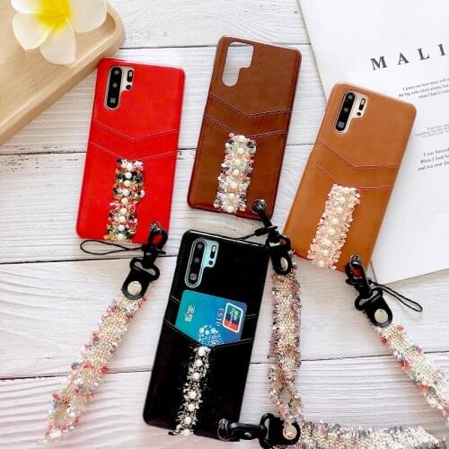 Luxury PU Leather Card With Wrist Strap Phone Case Cover for Huawei P30 P20 Mate 20 30 Pro Lite Nova 4e Cover Case Fundas