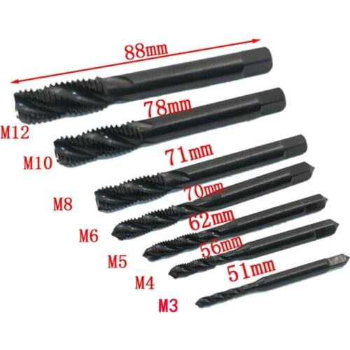 High quality 7pcsHSS M2 taps M3-M12 spiral grooves / straight square handle nitrided black treatment