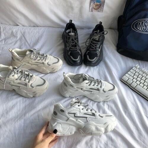 Reflective Sneakers Women Mesh Breathable Platform Wedge Heels Shoes Lace Up Vulcanize Shoes Female Sports Flats Shoes M7-06