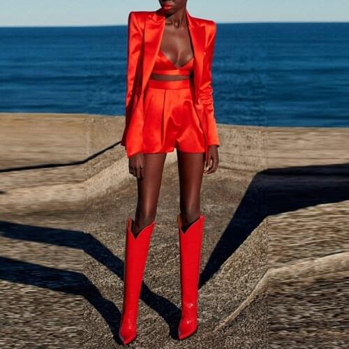 HIGH QUALITY Newest 2021 Star Style Fashion Designer Runway Suit Set Womens Single Button Red Blazer Camis Shorts Set 3pcs