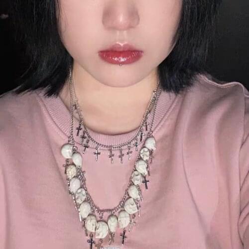 2021 New White Hole Skull Halloween Necklace for Women Cross Dark Punk Harajuku Vintage Gothic Double Sweater Chain Necklace
