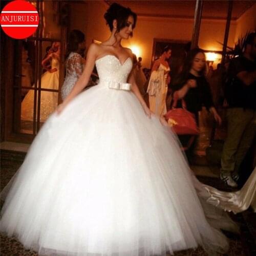 ANJURUISI Beaded Ball Gown Wedding Dresses 2019 Sweetheart Lace Up Back Wedding Bridal Gowns Tulle vestidos de novia With Bow