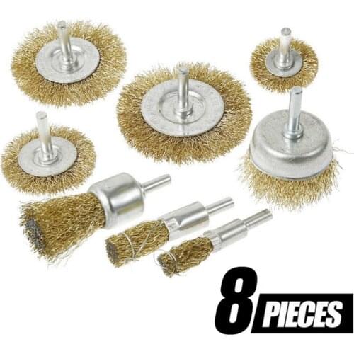 1/4 Steel Wire Wheel Brushes Kit for Drill 8pcs Brass Coated Wire Drill Brush Set for Removal of Rust Drill Polishing Bowl Brush