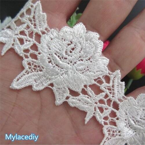 5 yard Ivory Polyester Rose Flower Handmade Embroidered Fabric Lace Edge Trim Applique Ribbon DIY Sewing Craft Decoration