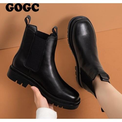 GOGC Chelsea Boots Chunky Boots Women Winter Shoes Leather Plush Ankle Boots Black Female Autumn Fashion Platform Boots G9019