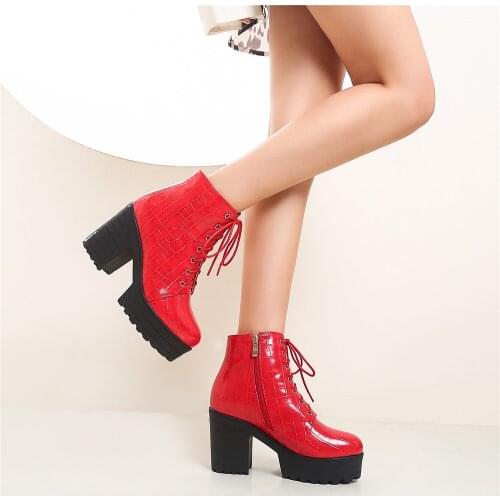 Women Lace-up Band Autumn Ankle Chelsea Boots Square Heel Platform Female Shoes Super High Heels Winter Short Plush Boot Ladies