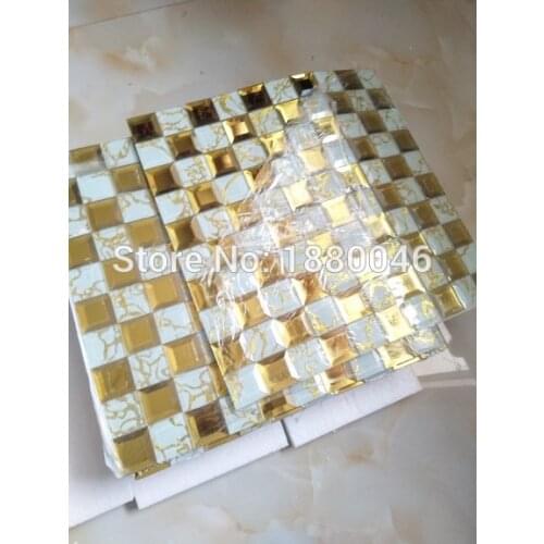 1BOX 11pieces High quality wholesale Golden decorative crystal glass mosaic tiles for kitchen backsplash,bathroom wall