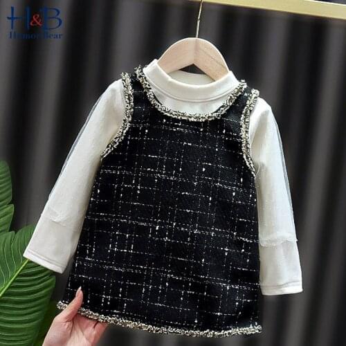 Humor Bear Baby Girls Clothes Set Long Sleeve Half High Collar T-Shirts +Sleeveless Plaid Printed Dress 2pcs Casual Toddler Clo