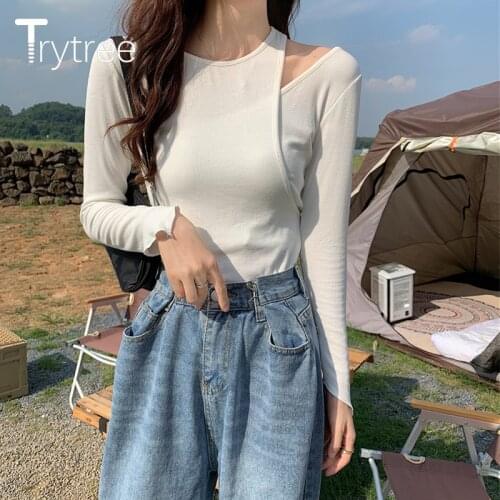 Trytree 2021 Spring Autumn Woman T-shirt Casual O-Neck Patchwork Solid Elastic T-shirt Hollow Out Shoulder Basic Tops For Women