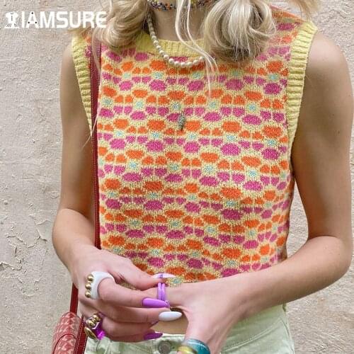 IAMSURE Beach Style Holiday Floral Knited Vest O-Neck Sleeveless Crop Tops Women 2021 Fashion Casual Y2K Aesthetic Tank Top 90S