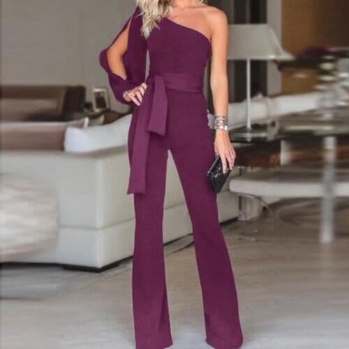 New Womens Jumpsuits Ladies Sexy One Shoulder Bodysuits Slim Solid Color Jumpsuits Fashion Belt Decor Clothing For Female
