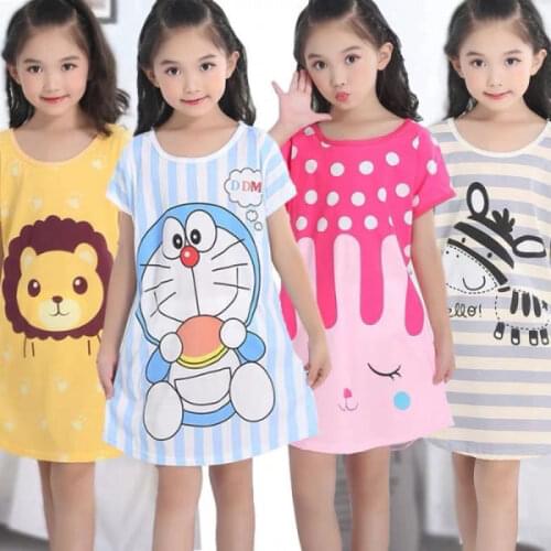 Summer Short Sleeve Girl Nightwear Cute Girls Nightgown Cartoon Princess Nighties Gowns Knee-Length Children Sleepwear 3-12yrs