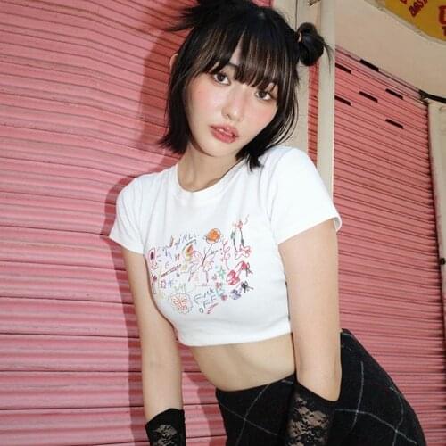 Kawaii Fashion Graffiti Print White Crop Tops Punk Style Women Tee Y2K Aesthetics O-neck Short Sleeve T-shirts Cute streetwear