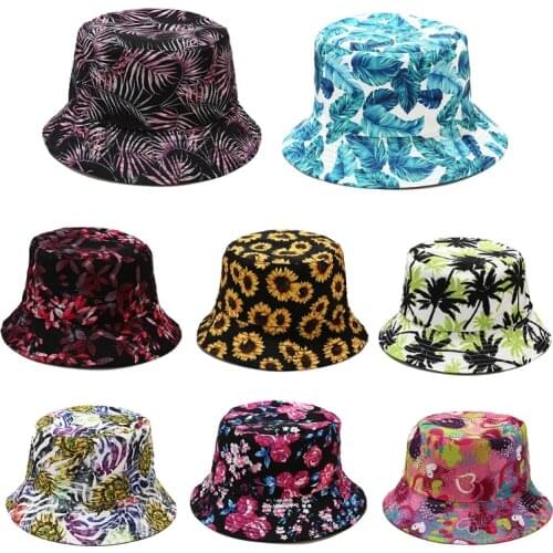 Unisex Summer Tropical Leaves Print Bucket Hat Outdoor Wide Brim Sunscreen Hip Hop Foldable Cotton Panama Fisherman Cap M20 21