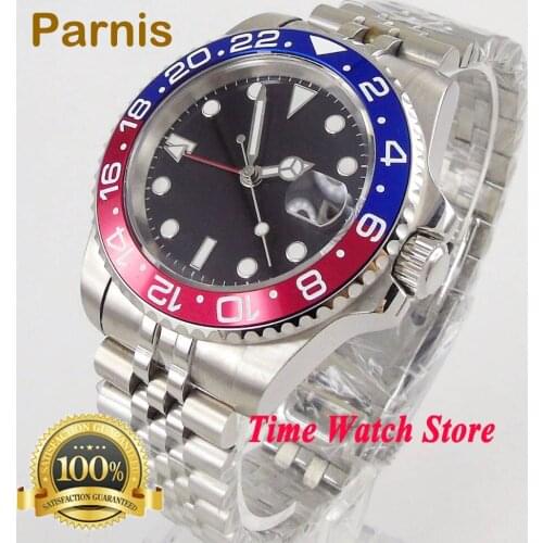 40mm PARNIS GMT 3804 Automatic watch for men waterproof Jubilee bracelet black dial ceramic blue red bezel sapphire glass date