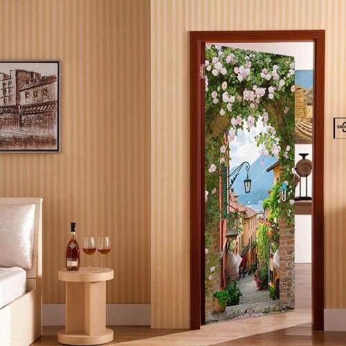 3D Door Deco Sticker Wallpaper Waterproof Vinyl PVC House Bedroom Door Decoration Sticker Rose Arch Door Wallpaper Stickers 2021