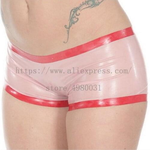 Made of 0.4mm natural & flexible latex bondage underwear transparent pink women latex shorts decoratived with red trims