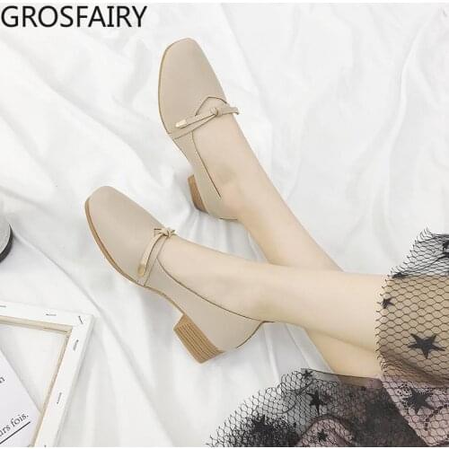 2021 New Thick-heeled Grandma Shoes Mid-heel Retro Mary Jane Shoes Bow Autumn Square Head Shallow Mouth Single Shoes Women
