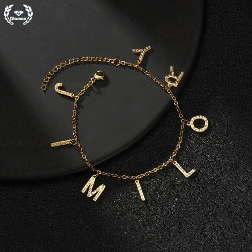 Diamon New Personalized Crystal Name Stainless Steel Couple Bracelets Chain Custom Multiple Letters Gold Jewelry Women Gift