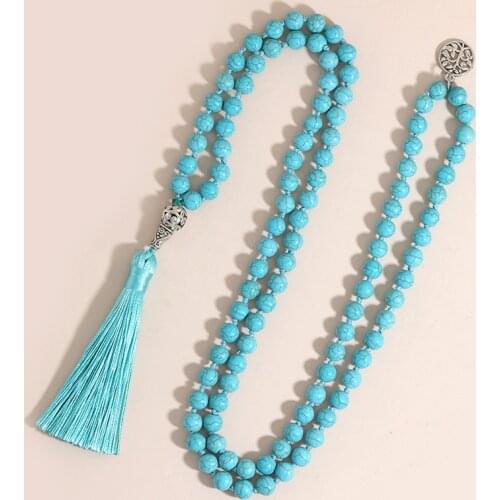 OAIITE Relax Mala Necklace 8mm Turquoises Stone Necklace Yoga Jewelry Japa Mala Prayer 108 Beads Meditation Knotted Necklace