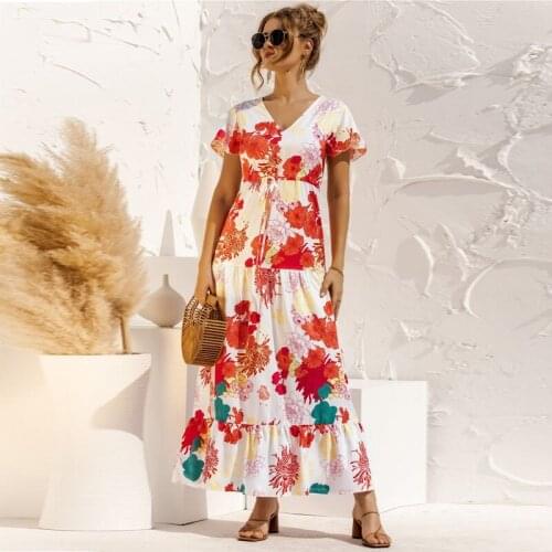 Floral Print Women Summer Boho Maxi Dress 2021 Casual Short Sleeve V-neck Button Belt Long Beach Dress Vestidos
