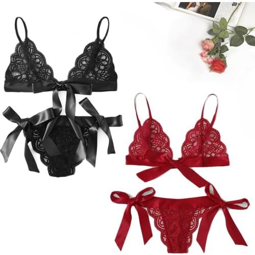Hot Red Harness Appliques Bow Sexy Lingerie Set Women Lace Transparent Bra And Panty Set Women Intimates Black Underwear Set Bra