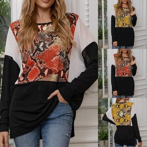 Snakeskin Pattern Stitching Casual Top O-Neck Loose Long-Sleeved T-Shirt Top