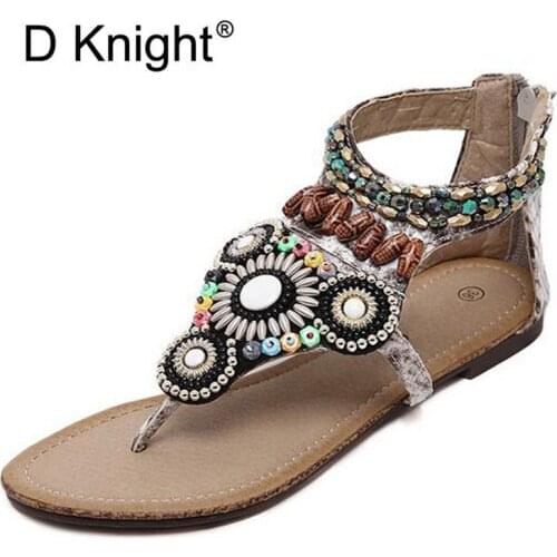 New Bohemia Flat Gladiator Sandals Women Summer String Beaded Ethnic Sandals Back Zip Flip Flops Casual Comfort Shoes Size 35-40