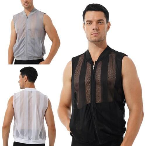 Plus Size Sport Top Men T Shirt Slim See-Through Mesh Sleeveless Jacket Outdoor Golf Fishing Travel Waistcoat Zipper Front Vest