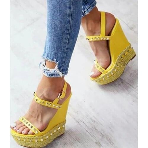 Fashion Wedge Heel Braided Platform Rivets Sandals Ultra High Heel Strappy Pumps Woman Spring Summer Party Shoes