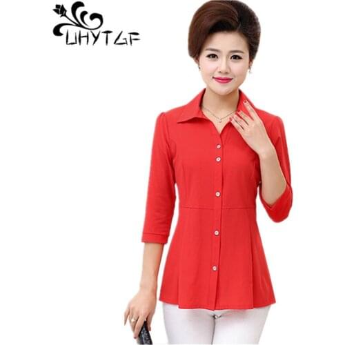 UHYTGF Elegant Mother Summer Blouses And Shirts Single-Breasted Cardigan Plus Size Tops Casual Womens Clothes Chemise Femme 1464