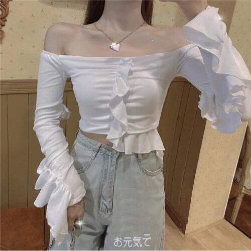 T-shirt Womens Autumn Short off-Shoulder Ruffled Long-Sleeved Top