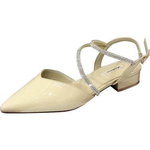 Women sandals PU Buckle Strap 3CM Square heel High heels Pointed Toe Rhinestones Bling Shallow women shoes size 35-42