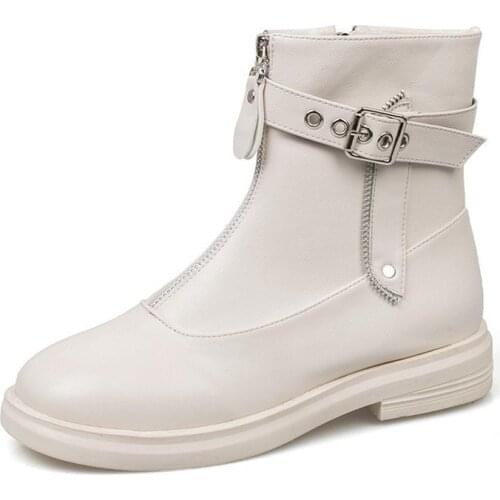 Metal Buckle Zipper Ankle Boots for Women Shoes Woman Warm Plush Winter Boots Solid Black Leather Boots Female Plus Size Boots