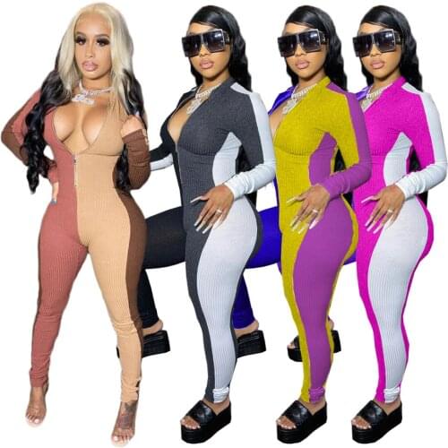Slim Package Buttocks Color Matching Zipper Jumpsuit Womens Jumpsuit Exercise Sports Cycling Competition Fitness Street Clothes