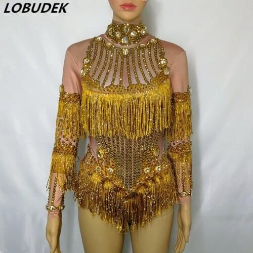 Gold Fringes Rhinestones Bodysuit Women Stage Dance Costume Nightclub Female Singer Performance Outfit Crystals Leotard Catsuit