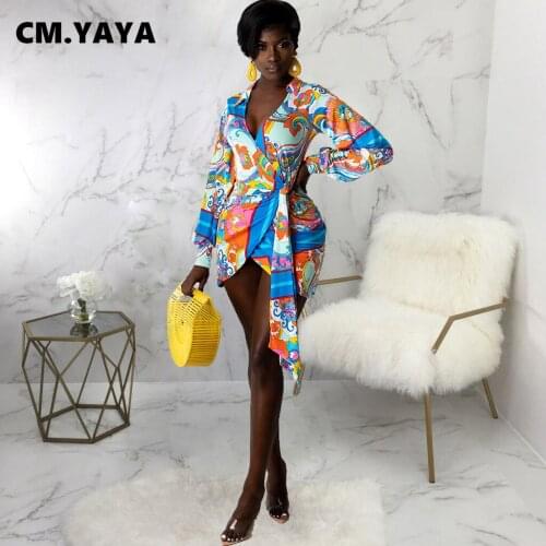 CM.YAYA Women Mini Dress Print Full Sleeve Turn-down Collar Bandage Sashes A-line Dresses Vintage Fashion Outfits Autumn 2021