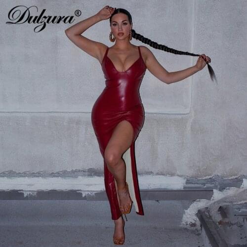 Dulzura 2020 Autumn Winter Women Pu Faux Leather Midi Dress Strap Side Slit Bodycon Sexy Streetwear Party Club Elegant Christmas