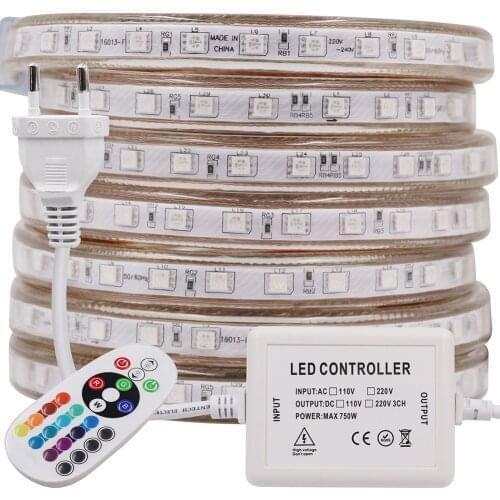 220V 5050 LED Strip Light RGB 60LED/M Waterproof Flexible Led Ribbon Strip Lights Flex Home Decoration 1m 2m 5m 10m 20m 50m 100m