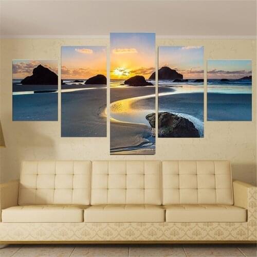 5 Piece Wall Art Canvas Painting Seascape Sunset on the Coast Poster Modern Decorative Framework Child Room Living Room Pictures