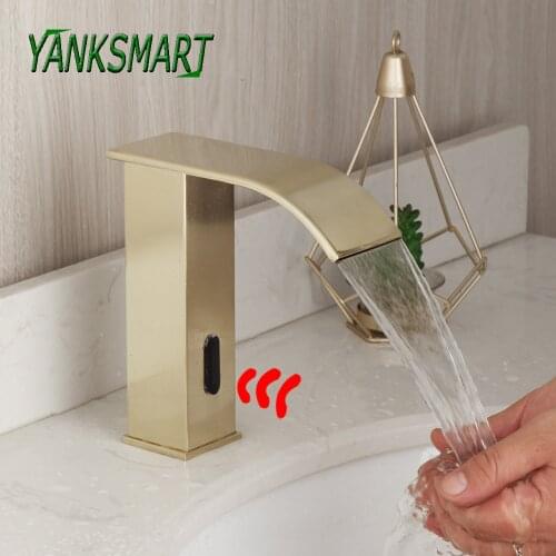 YANKSMART Golden Nickel Automatic Infrared Bathroom Faucet Deck Mounted Touch Free Sensor Washbasin Faucet Basin Sink Water Tap