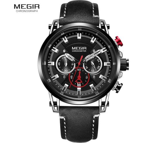 Megir Mens 24 Hours Quartz Watches Leather Strap Chronograph 3atm Waterproof Army Wristwatch Man Relogios Masculino 2085 Black