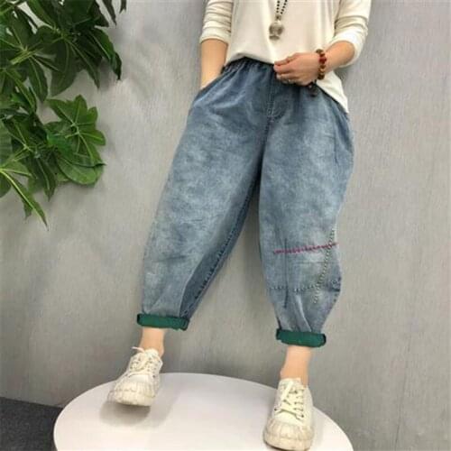 Spring Autumn Arts Style Women Elastic Waist Loose Casual Jeans Vintage Embroidery Cotton Denim Harem Pants High Quality V408