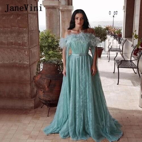 JaneVini 2020 Elegant Arabic Ladies Prom Dresses with Feathers A Line Off Shoulder Lace Plus Size Long Party Gowns Floor Length