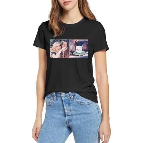 100% cotton Funny Ugly Angry Women Yelling At Confused Cat At Dinner Table Meme Women short sleeve cool print T-Shirt men Tshirt