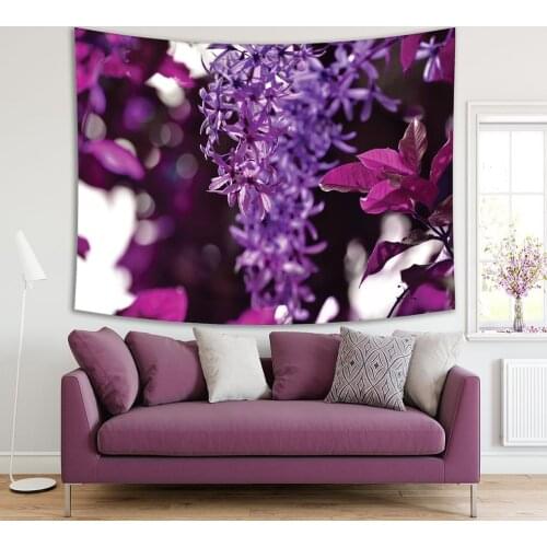 Tapestry Bird Cherry Tree Branch in Forest Nature Wild Fruit Becomes Blurred Background Photo Printed Purple White