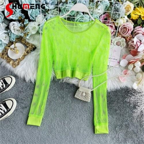 Long Sleeve Mesh Crop Top Women Pullovers Tees Sexy Slim Club Outfits 2021 Spring Summer Women See Through Solid Color T Shirt